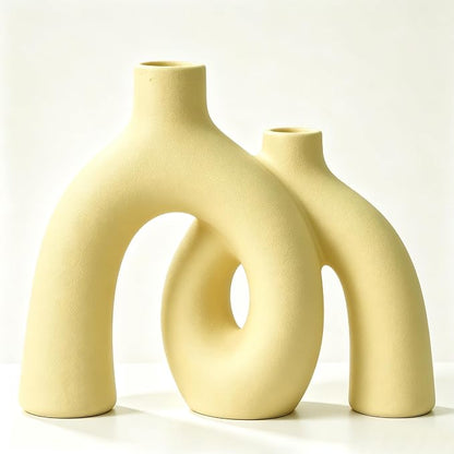 Hug Donut Decorative Vase Set - Beige Vase, Modern Nordic Boho Style Vases Home Decor, Matte Ceramic Decorations for Living Room Shelf, Bookshelf Mantle Entryway Table or Console Décor (Beige)