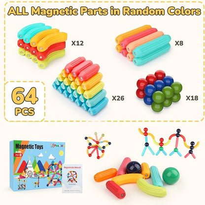 Paaxido 64PCS Magnetic Building Blocks - Montessori Sensory Toys with Stronger Magnets, STEM Learning Toys for Kids, Creative Construction DIY Kit Gift for Boys & Girls