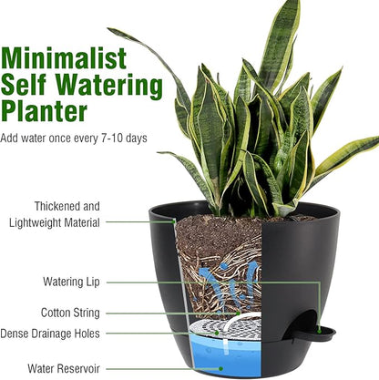 Large Self Watering Pots, 12/10/9 Plastic Planters with High Drainage Holes and Deep Reservoir for Indoor Outdoor Garden Plants and Flowers, Black