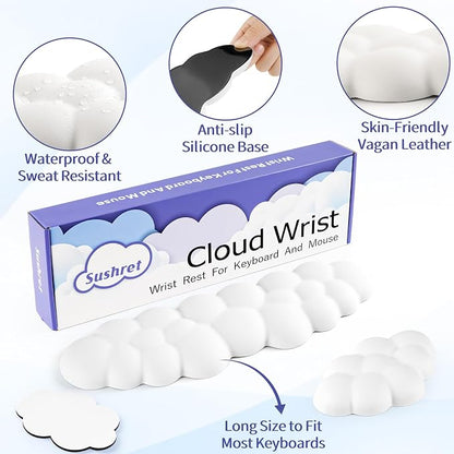 Sushret Cloud Wrist Rest Keyboard, Cloud Keyboard Wrist Pad Set with PU Leather Memory Foam, Cute Arm Rest for Palm Support, PC/Gaming Desk Accessories/Office Setup/Computer Hand Cushion - White