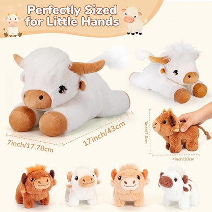 gnomantic Highland Cow Stuffed Animals with Babies, Mommy Toy for Kids | 5-Piece set: 1 mommy highland cow + 4 surprise babies inside. Unzip belly to reveal babies. Ultra-soft, safe for ages 3-8.