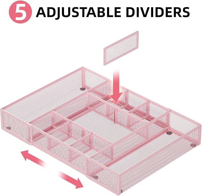 Marbrasse Expandable Desk Drawer Organizer, Mesh Tray with 10 Adjustable Compartments, Desk Organizers for Office Supplies, Makeup & Vanity (Expandable-Pink)