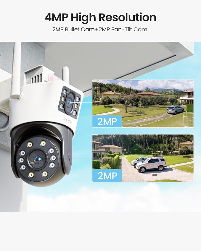ZOSI C298 4MP Dual-Lens(2MP+2MP) Wired WiFi PT Plug-in Security Camera Outdoor, 360 View Pan/Tilt Camera, Human/Vehicle Detect, Color Night Vision, Spotlight Siren,Two-Way Talk, Memory Card Storage