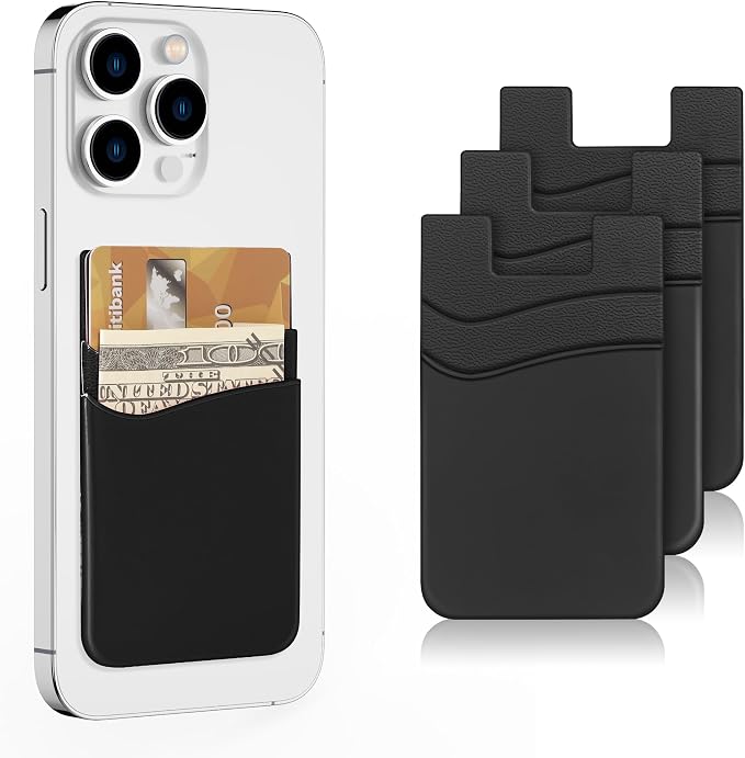 SHANSHUI Phone Card Holder, Silicone Phone Wallet Stick on Credit Card Holder Pocket for Almost All Smartphones (Black/3pcs)