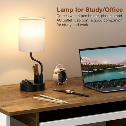 Fenmzee Bedside Lamps for Bedroom Set of 2 - Table Desk Lamp for Nightstand | 15" Table Lamp for Living Room with Pen Holder & Phone Stand, USB A+C Port, AC Outlet, 3 Color Temperature, LED Bulb Included