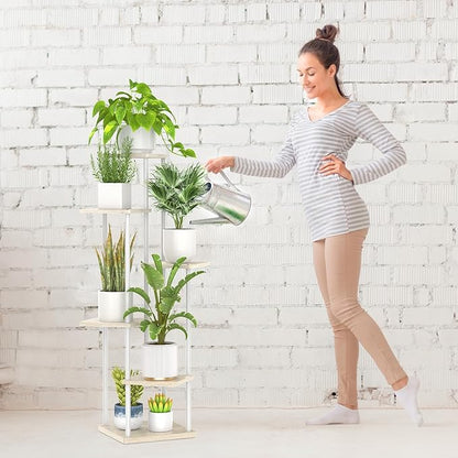 6 Tier Tall Plant Stand Indoor, Large Metal Wood Muti Level Vertical Planter Shelf Orchid Holder for Narrow Corner, Sturdy Heavy Duty Flower Display Rack for House Decor Living Room Bedroom, White