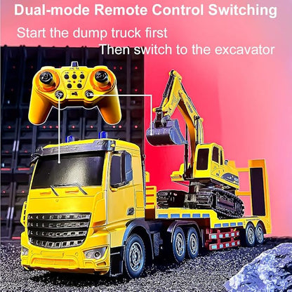 RC Semi Truck and Trailer & Excavator Toy Set - 11CH 24.6" Dual Control Mode Remote Control Engineering Vehicle with Sound & Lights, 2.4Ghz Flatbed Truck with Excavator Toys, Great Gift for Kids Boys