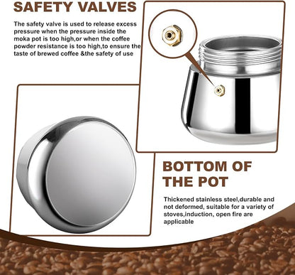2 Cup Stovetop Espresso Maker Stainless Steel Moka Pot Stove Top Percolator Italian Coffee Makers Capable Mocha Greca Machine Cafe Classic Induction Cookers for Home and Camping 100ml 3.3oz