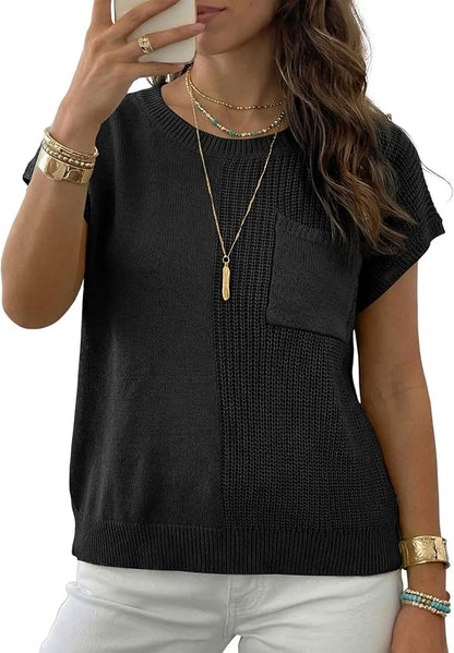 Dokotoo Summer Knit Tops for Women Sleeveless Crewneck T Shirts Casual Lightweight Sweater Blouses Shirts