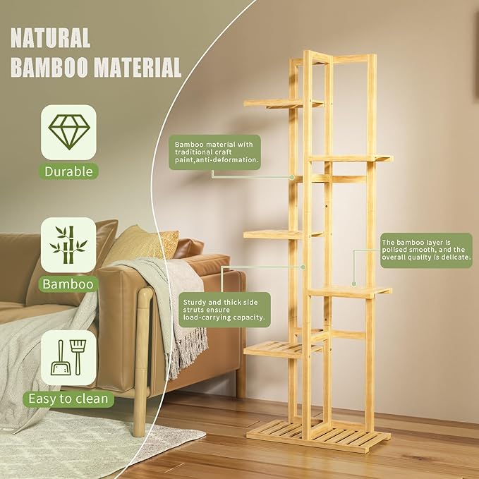 6 Tier Bamboo Plant Stand Indoor, Wood Tall Flower Holder Corner Tiered Plant Shelf for Multiple Plants (Natural)