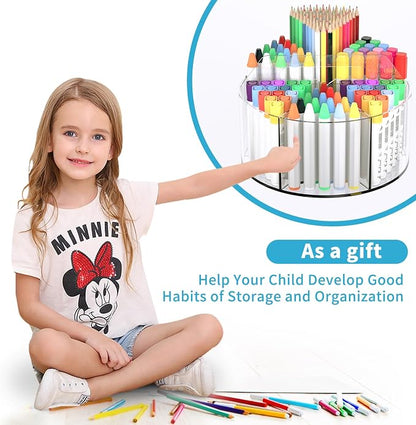 360 Degree Acrylic Desk Organizer Clear Pen Holder for Desk Kids 2 Packs | Pencil Holder Rotating Lazy Susan Organizer for School Supplies, Marker Holder Art Supply Storage Organizer with 6 Dividers