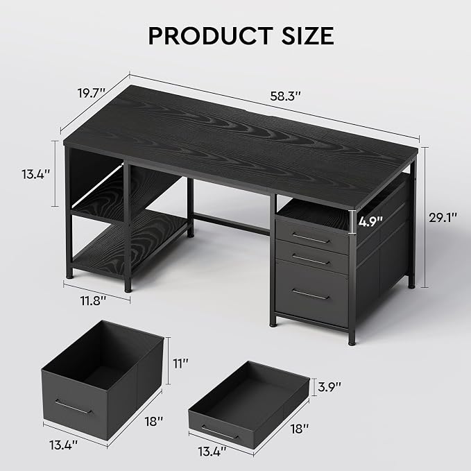 Maihail Small Desk with Drawers, Office Desk with Storage Shelves, Black | 59 Inch Desktop, Metal Frame, 3 Fabric Drawers, Storage Shelves, Computer & Writing Desk, Office Gaming Workstation