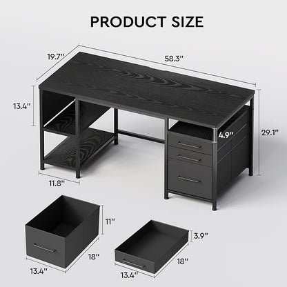 Maihail Small Desk with Drawers, Office Desk with Storage Shelves, Black | 59 Inch Desktop, Metal Frame, 3 Fabric Drawers, Storage Shelves, Computer & Writing Desk, Office Gaming Workstation