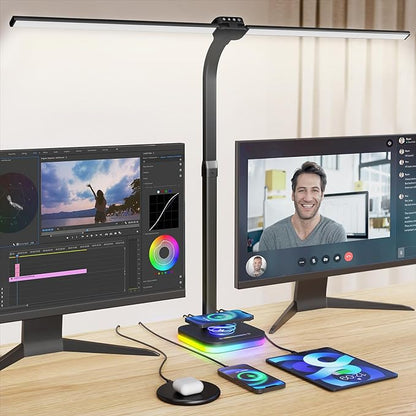 Black Desk Lamp for Office Gaming,Double Head Light for Home＆Office，Adjustable Light Mode and Brightness，Adjustable Height＆Angle in Metal Polwith Wireless Charger＆2 USB and 1 Type-c Ports
