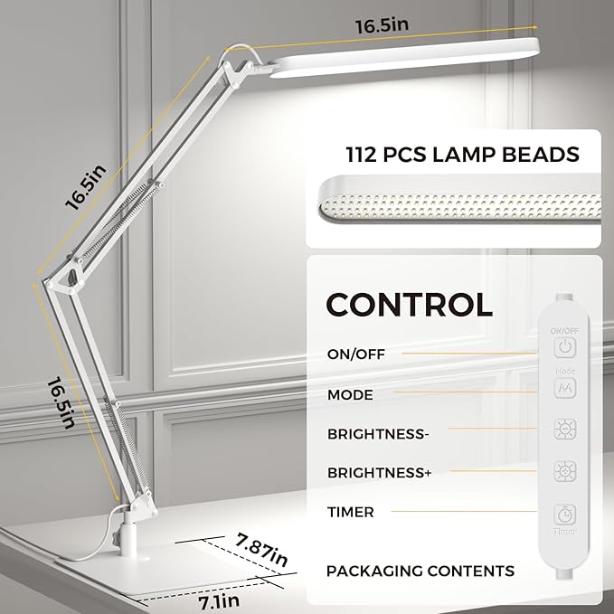 SKYLEO LED Desk Lamp with Slim Base - Adjustable Swing Arm Desk Light, Dimmable, Timer, Eye Protection, Memory Function, 1300LM, 12W, White