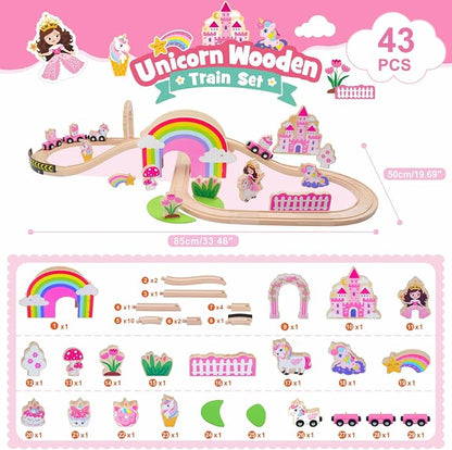SIMPLIPLAY Wooden Train Set, 43PCS Unicorn Toy Train Set with Crash Barrier | Magnetic Wooden Train with Tracks & Bridge for Girls Toddlers, Enhance Fine Motor Skills, Ideal for Birthday Christmas