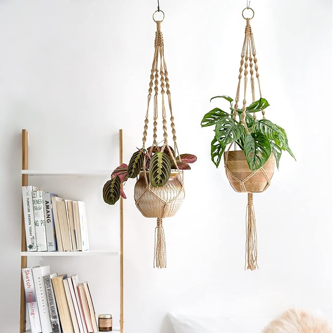 Mkono 2 Pack Macrame Plant Hangers Indoor Hanging Planter Basket Decorative Flower Pot Holder Jute Rope for Indoor Outdoor Home Decor 4 Legs 40 Inch, Brown
