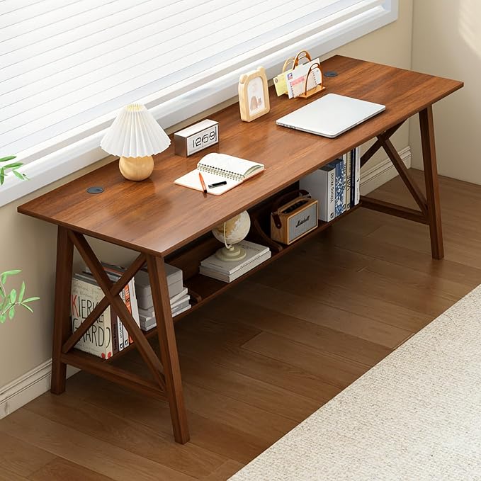 NELYE Extra Long Writing Desk with Bookshelf, 63" Wx20 Dx30 H, Walnut | Wooden Home Office Work Study Table, Computer Gaming Workstation with Storage Shelf, Sturdy MDF Resists Wobble
