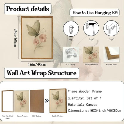 Framed Vintage Wall Art, Butterfly and Pink Floral Pictures Wall Decor, Retro Flower Moth Painting Canvas Prints Cottagecore Home Decor Aesthetic for Living Room Bedroom Bathroom 16x24 inch