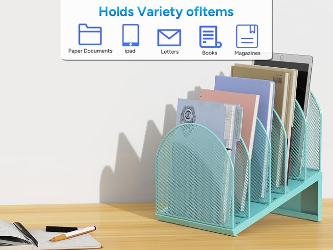 gianotter Desktop File Organizer with 5 Compartments | Desk Organizer Paper Organizer for Desk Workspace Organizers for Office Supplies (Blue, Inclined Style)