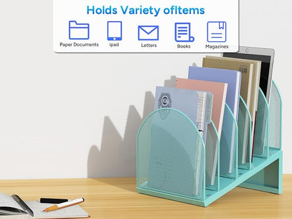 gianotter Desktop File Organizer with 5 Compartments | Desk Organizer Paper Organizer for Desk Workspace Organizers for Office Supplies (Blue, Inclined Style)