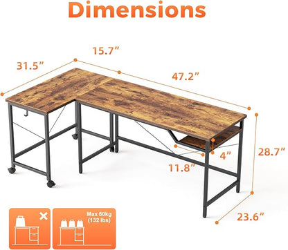 Mericonia 48 Inch Computer Desk & 32 Inch Small Rolling Desk, 2pcs | Simple Writing Table for Home Office Bedroom Work Study, Brown