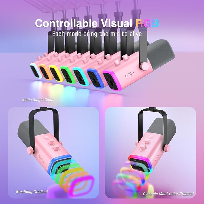 FIFINE AmpliGame AM8TP XLR Gaming Microphone USB PC Dynamic Mic Kit | Streaming RGB Mic with Headphone Jack, Mute Button, Boom Arm Stand for Computer/Mixer, for Vocal, Recording, Podcast, Pink
