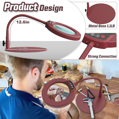 10X Magnifying Glass with Light and Stand, 5 Color Modes Stepless Dimmable LED Lighted Desk Lamp, Hands Free Flexible Gooseneck Magnifier with Light for Craft Hobby Painting Close Work - Red