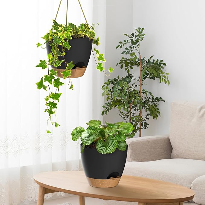 ZMTECH 10 Inch Hanging Planters for Indoor Outdoor Plants, 2 Pack Self Watering Hanging Plant Pots with Drainage Holes and Removable Saucer, Plastic Flower Hanging Pots with Watering Lip (Black)
