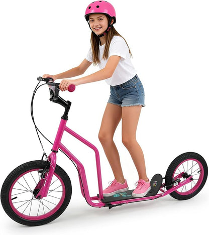 Costzon Big Wheels Kick Scooter for Kids 8+, Youth Scooter with Foldable & Height Adjustable Handlebar, Inflatable Shock Absorption Wheels, Dual Brakes for Teens, Adults, Max Load 220 LBS