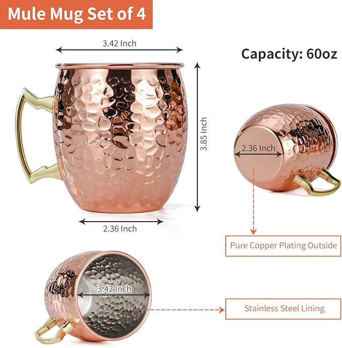 Amrules Moscow Mule Mugs Set of 4, 16 OZ Hammered Copper Cups with 304 Stainless Steel Lining and Gold Brass Handles, Includes Straws, Opener, Jigger, Brush, Fit for Cold Drinks, Bars, Parties