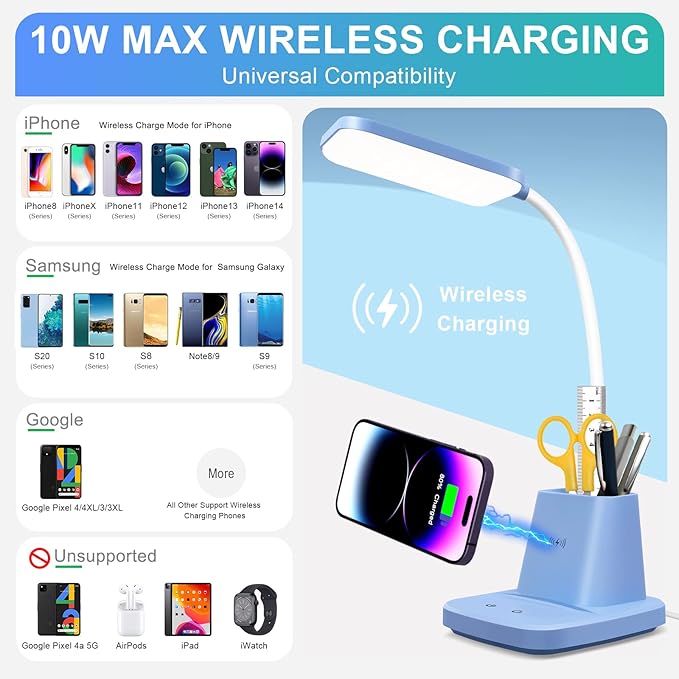 LED Desk Lamp with 10W Wireless Charging & Pen Holder, Blue | CRI 95, 800LM, Stepless Dimming, 3 Modes, 360°Flexible Arm, Touch, Study Table Lamp for Home Office, Dorm Room, with Adapter