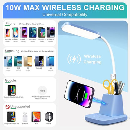 LED Desk Lamp with 10W Wireless Charging & Pen Holder, Blue | CRI 95, 800LM, Stepless Dimming, 3 Modes, 360°Flexible Arm, Touch, Study Table Lamp for Home Office, Dorm Room, with Adapter