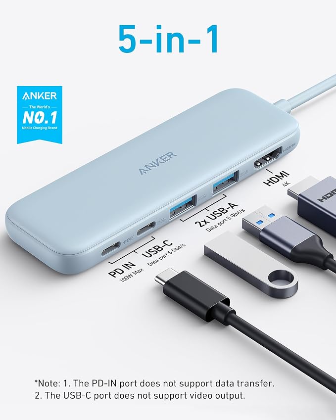 Anker USB C Hub, 5-in-1 USBC to HDMI Splitter with 4K Display | 85W Max PD, 1 Powered USB-C 5Gbps & 2 Powered USB-A 3.0 5Gbps Data Ports, for MacBook Pro, MacBook Air, Dell and More (Blue)