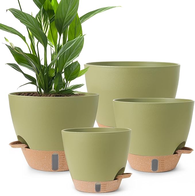 Plant Pots,12/10/9/8/ Inch Large Plastic Self Watering Flower Pots Indoor Outdoor with Drainage Holes, Deep Reservoir,Nursery Planting Pot for Indoor Out Door Plants