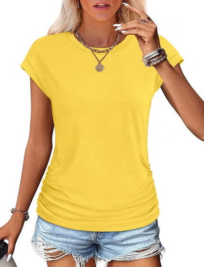 Sampeel Womens Summer Tops Trendy 2026 Ruched Cap Short Sleeve Tshirts Shirts Crew Neck T Shirts Fashion