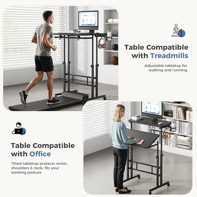 DUMOS Rolling Standing Desk, Sit Stand Desk, Computer Cart | 23.6 Inch Width, Height Adjustable, Split Top, Mobile Laptop Workstation, Office Table, Portable Design, Black