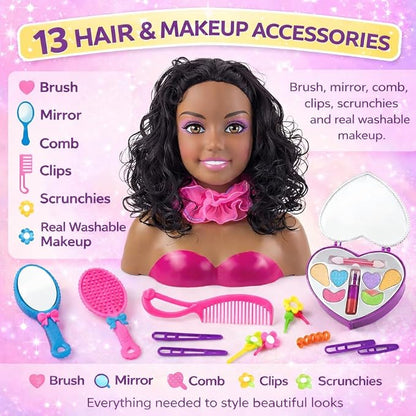 Liberty Imports African American Black Makeup and Hair Styling Doll Head Toy Playset with Real Washable Cosmetic and Fashion Dress Up Accessories for Girls Pretend Play