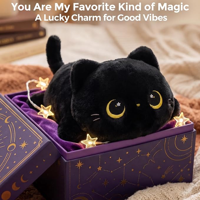 Mewaii Cute Black Cat Plush Pillow, Kawaii Plushies Black Cat Stuffed Animals, Squishy Plushies, Cuddle Plush Pillow for Kids & Girls (13 Inch)