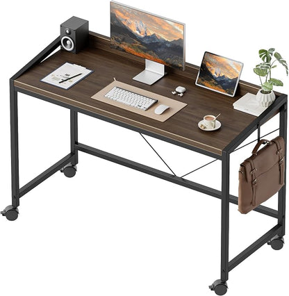 Mericonia 47x20 Inch Small Computer Desk with Wheels & Rear Lip | Simple Rolling Desk, Writing Table for Home Office Bedroom Work Study, Walnut