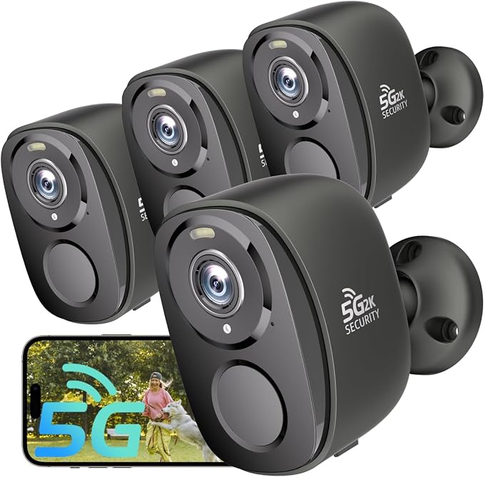 4Pack 5G/2.4G WiFi Security Cameras, 2K Security Cameras Wireless Outdoor Battery Powered with AI Motion Detection Siren Alarm, Color Night Vision, 2-Way Talk, IP65 Waterproof, Works w/Alexa, Cloud/SD