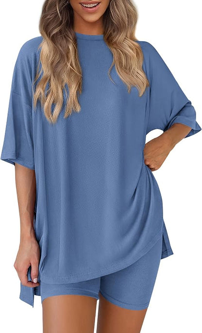 PRETTYGARDEN Women 2 Piece Lounge Set 2026 Summer Casual Oversized Shirts Biker Shorts Matching Airport Travel Outfit Clothes