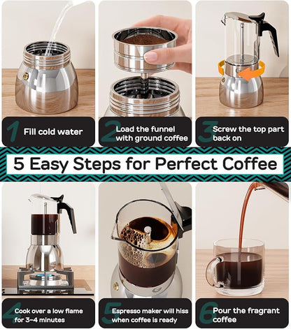 Coffee Gator 9 Cup Moka Pot, 15oz Stovetop Espresso Maker for Italian Coffee, Transparent Glass & Stainless Steel Design, Silver, 450ml