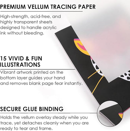 Grabie Trace and Color Drawing Kit, Beginner Friendly All-in-One Tracing Art Set with Acrylic Dual Tip Markers, 15 Pre-Printed Designs, Vellum Paper, Creative Hobby Kit, Artist Collaboration Yeti