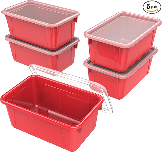 Storex Small Cubby Bins – Plastic Storage Containers for Classroom with Non-Snap Lid, 12.2 x 7.8 x 5.1 inches, Red, 5-Pack (62407A05C)