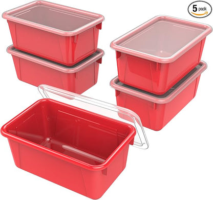 Storex Small Cubby Bins – Plastic Storage Containers for Classroom with Non-Snap Lid, 12.2 x 7.8 x 5.1 inches, Red, 5-Pack (62407A05C)