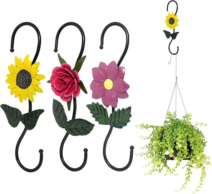 S Hooks for Hanging Plants, Set of 3 Black Metal Plant Hangers, Beautiful and Vivid Plant Hook for Garden Planters, Flower Baskets, Pots, Bird Feeders Outdoor Indoor