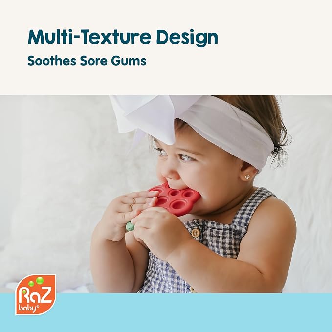 RaZbaby RaZberry Pop Strawberry Teether – Multi-Textured Silicone for Sensory Development & Teething Relief – Easy to Hold for Small Hands – Soft BPA-Free Design for Babies 3 Months+, Red/Green