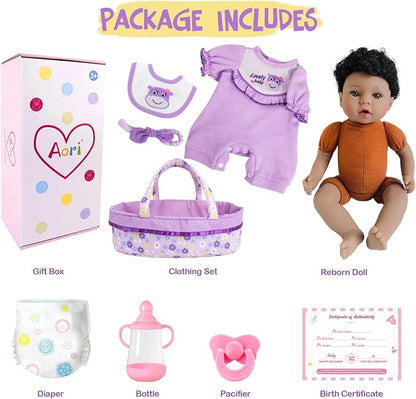 Aori Reborn Baby Dolls Black American Girl - 18" Lifelike Newborn Doll with Posable Limbs Weighted Body for Realistic Feel Handmade Collectible Gift Set Including Bassinet Outfit & Accessories
