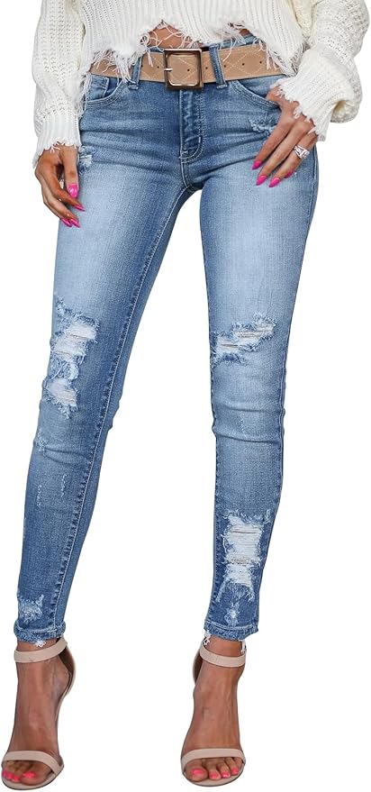 KUNMI Women's Skinny Ripped Trendy Jeans Distressed Stretchy Denim Pants